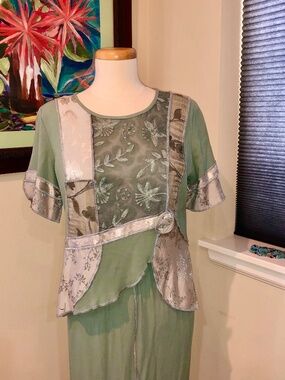 Spencer Alexis Petites 2 Pc Set in Sage Green Artistic Silk Patchwork Fabrics